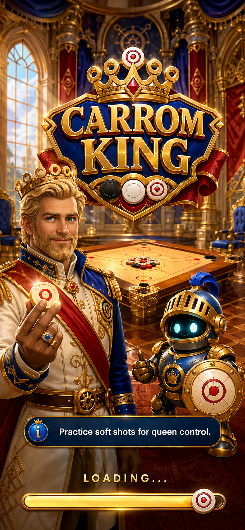 Carrom King splash screen inside the Grand Carrom Hall