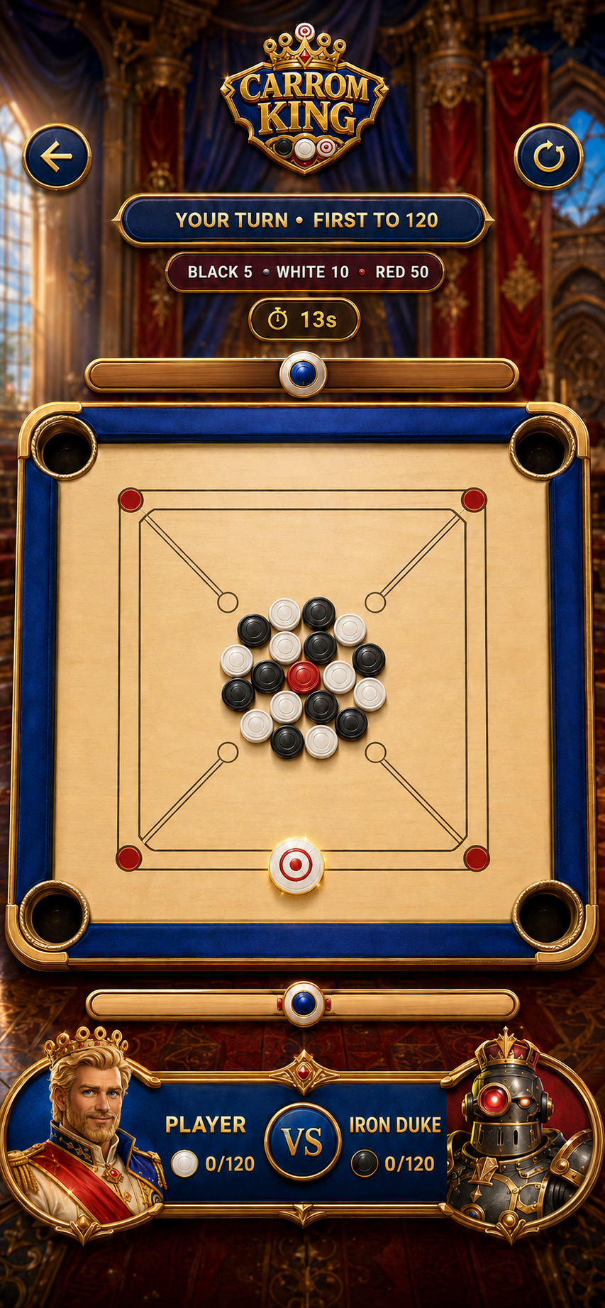 Classic Carrom board gameplay screen