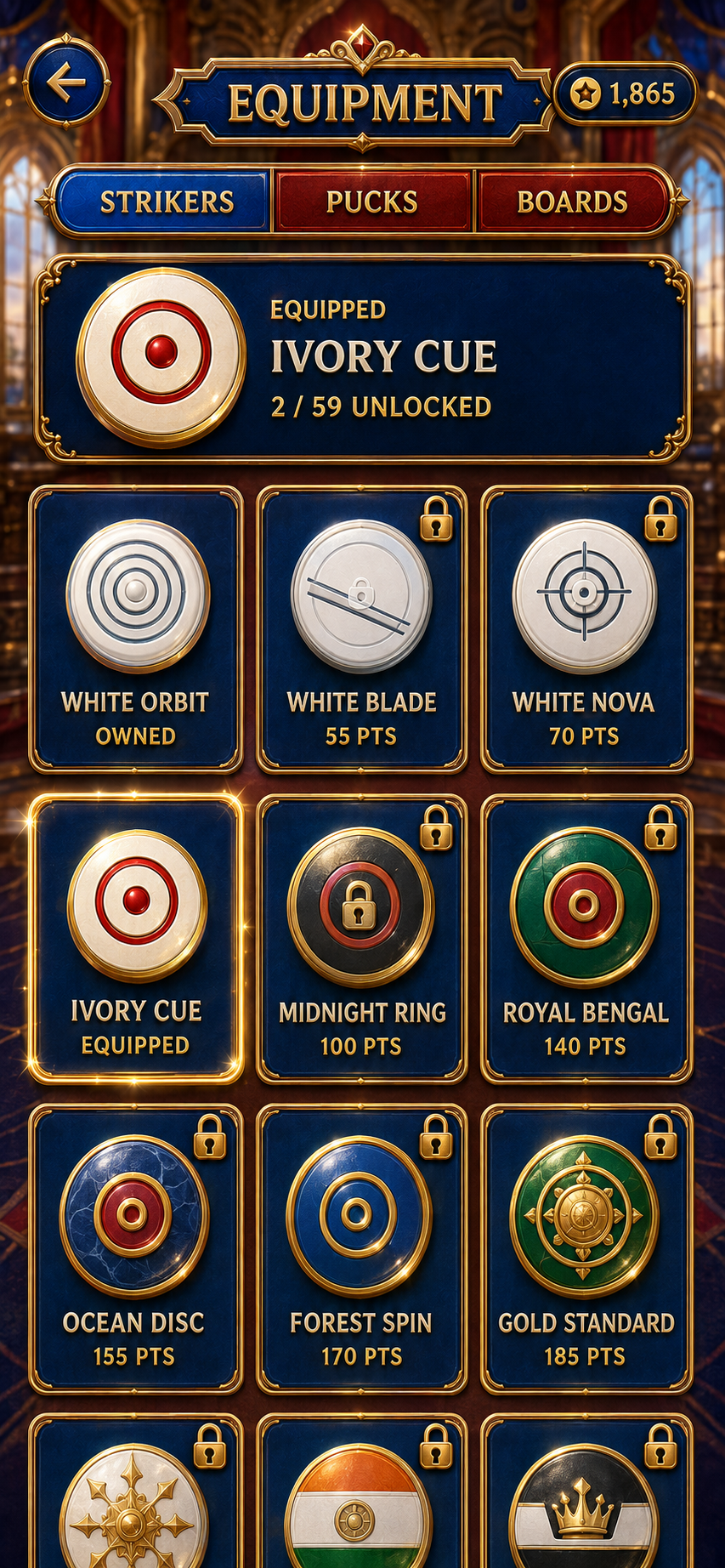 Royal striker equipment collection screen